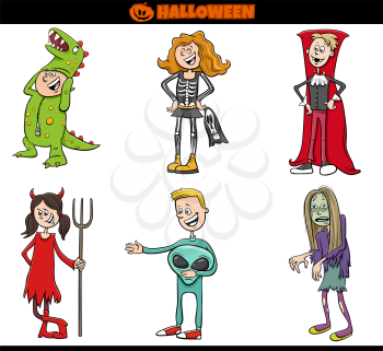 Cartoon Illustration of Children and Teens in Costumes at Halloween Party or Masked Ball Set