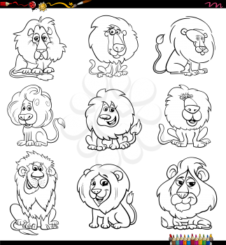 Black and white cartoon illustration of lions comic animal characters set coloring book page