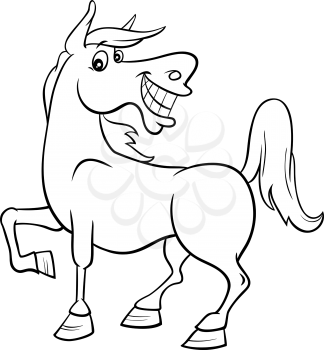 Black and White Cartoon Illustration of Happy Horse Farm Comic Animal Character Coloring Book Page