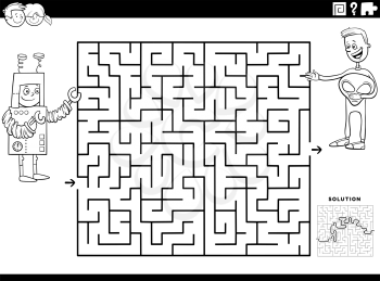 Black and white cartoon illustration of educational maze puzzle game for children with boys at costume party coloring book page