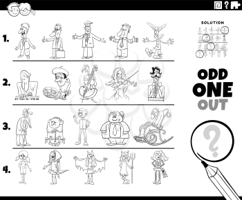 Black and White cartoon illustration of odd one out picture in a row educational game for elementary age or preschool children with funny people characters coloring book page