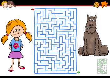 Cartoon Illustration of Educational Maze or Labyrinth Activity Game for Children with Girl and Her Pet Dog