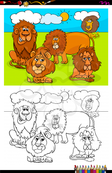 Cartoon Illustration of Funny Lions Animal Characters Coloring Book Activity
