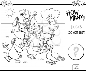 Black and White Cartoon Illustration of Educational Counting Task for Children with Duck Birds Animal Characters Group Coloring Book