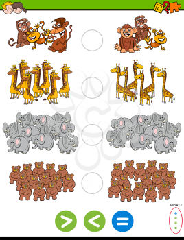 Cartoon Illustration of Educational Mathematical Puzzle Task of Greater Than, Less Than or Equal to for Children with Wild Animal Characters