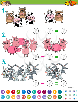 Cartoon Illustration of Educational Mathematical Subtraction Puzzle Game for Children with Farm Animal Characters