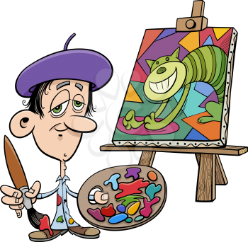 Cartoon illustration of painter artist with his painting