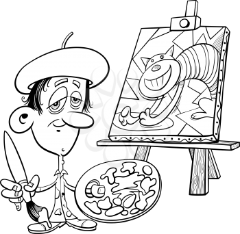 Black and white cartoon illustration of painter artist with his painting coloring book page