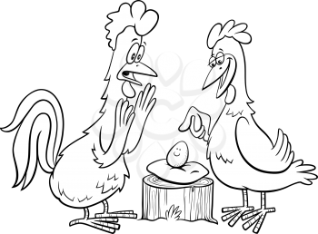 Black and white cartoon illustration of rooster and hen with egg farm animal characters coloring book page