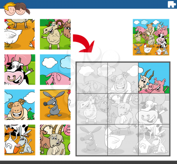 Cartoon illustration of educational jigsaw puzzle task for children with funny farm animal characters