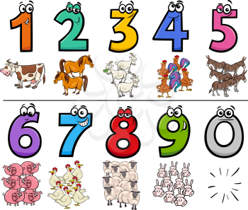 Cartoon Illustration of Educational Numbers Collection from One to Nine with Funny Farm Animal Characters