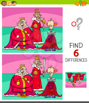 Cartoon Illustration of Finding Six Differences Between Pictures Educational Game for Children with Kings Fantasy Characters
