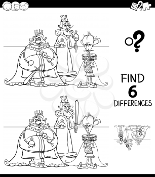 Black and White Cartoon Illustration of Finding Six Differences Between Pictures Educational Game for Children with Kings Fantasy Characters Coloring Book