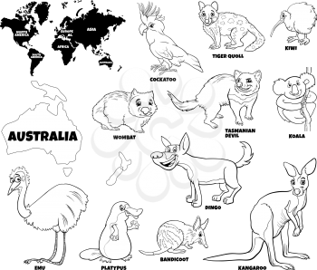 Black and White Educational Cartoon Illustration of Australian Animals Set and World Map with Continents Shapes Coloring Book Page