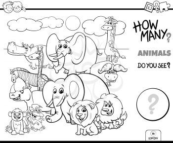 Black and White Illustration of Educational Counting Task for Children with Cartoon Wild Animal Characters Coloring Book