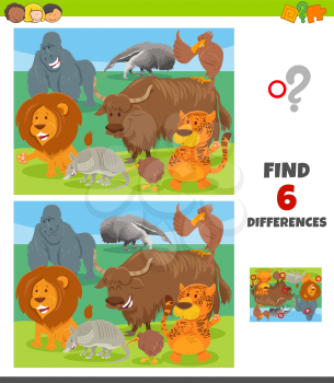 Cartoon Illustration of Finding Differences Between Pictures Educational Game for Children with Happy Wild Animal Characters