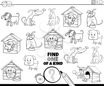 Black and White Cartoon Illustration of Find One of a Kind Picture Educational Game with Funny Dogs Pet Animal Characters Coloring Book Page