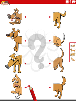 Cartoon illustration of educational game of matching halves of pictures with funny dogs animal characters