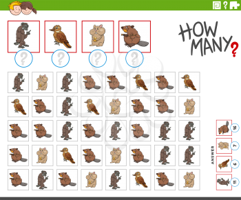 Illustration of educational counting task for children with cartoon wild animal characters