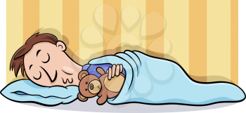 Cartoon illustration of man sleeping in his bed with teddy bear