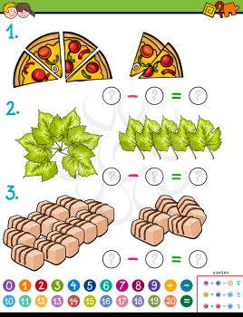 Cartoon Illustration of Educational Mathematical Subtraction Puzzle Task for Children with Objects