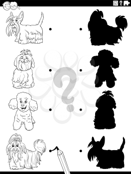 Black and white cartoon illustration of match the right shadows with pictures educational task for children with purebred dog characters coloring book page