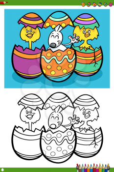 Cartoon Illustrations of Easter Bunny and Chicks with Eggs Coloring Book Page