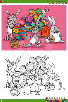 Cartoon Illustrations of Easter Bunnies Holiday Characters with Eggs Coloring Book Page