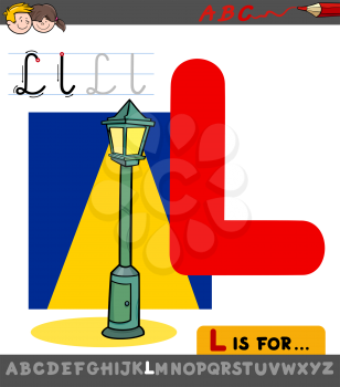 Educational Cartoon Illustration of Letter L from Alphabet with Lantern or Street Lamp on Lamppost for Children 