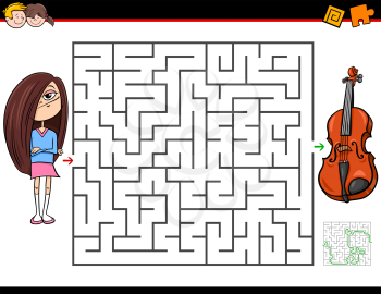 Cartoon Illustration of Education Maze or Labyrinth Activity Game for Children with Girl and Violin Musical Instrument