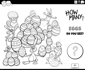 Black and White Illustration of Educational Counting Game for Children with Cartoon Easter Eggs and Bunnies Characters Group Coloring Book Page