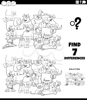 Black and White Cartoon Illustration of Finding Differences Between Pictures Educational Game for Kids with Comic Cats and Dogs Group Coloring Book Page