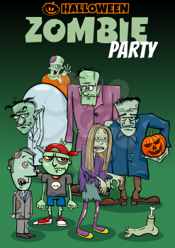 Cartoon Illustration of Halloween Holiday Zombie Party Poster or Invitation Design