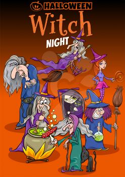 Cartoon Illustration of Halloween Holiday Witch Night Party Poster or Invitation Design