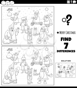 Black and white cartoon illustration of finding differences between pictures educational game for children with Christmas Santa Claus characters coloring book page