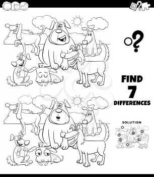 Black and White Cartoon Illustration of Finding Differences Between Pictures Educational Game for Children with Funny Dogs Characters Group Coloring Book Page