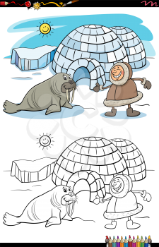 Cartoon illustration of Eskimo with his igloo and walrus coloring book page