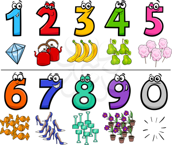 Cartoon Illustration of Educational Numbers Collection from One to Nine with Objects