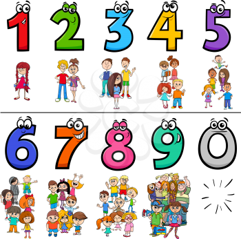 Cartoon Illustration of Educational Numbers Set from One to Nine with Children and Teen Characters