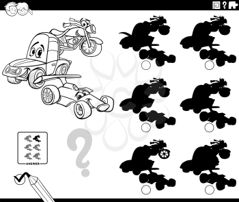 Black and White Cartoon Illustration of Finding the Shadow without Differences Educational Game for Children with Funny Vehicles Characters Coloring Book Page