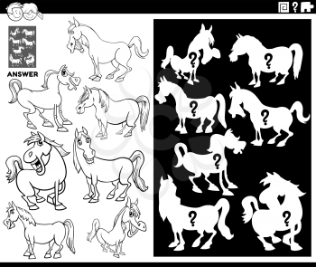 Black and White Cartoon Illustration of Match Objects and the Right Shape or Silhouette with Horses Farm Animal Characters Educational Game for Children Coloring Book Page