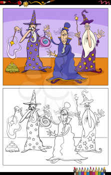 Cartoon illustration of three wizards fantasy characters coloring book page