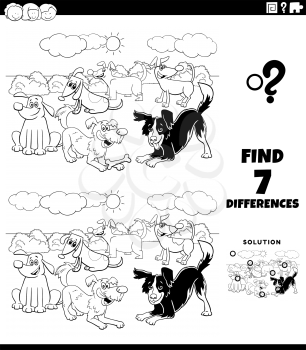 Black and White Cartoon Illustration of Finding Differences Between Pictures Educational Task for Children with Funny Dog Characters Group Coloring Book Page