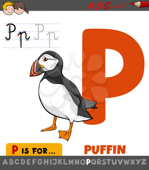 Educational Cartoon Illustration of Letter P from Alphabet with Plane with Comic Puffin Bird for Children 