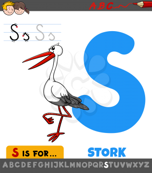 Educational Cartoon Illustration of Letter S from Alphabet with Stork Bird Animal Character for Children 