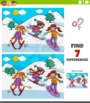 Cartoon Illustration of Finding Differences Between Pictures Educational Game for Kids with Three Girls on Skiing during Winter