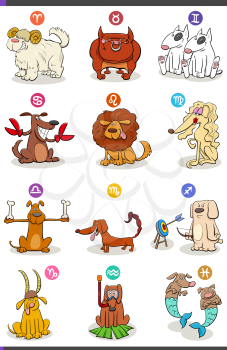 Cartoon Illustration of Horoscope Zodiac Signs with Comic Dogs Set