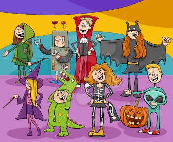Cartoon Illustration of Characters Group at the Halloween Party