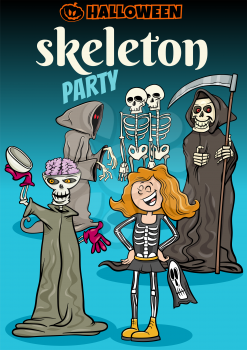 Cartoon Illustration of Halloween Holiday Skeleton Party Poster or Invitation Design