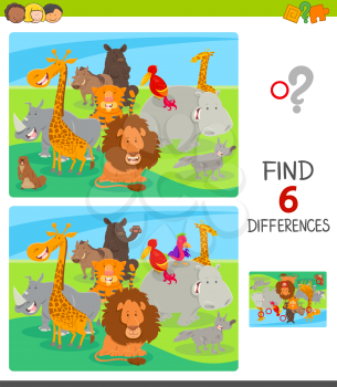 Cartoon Illustration of Finding Six Differences Between Pictures Educational Game for Children with Happy Animals